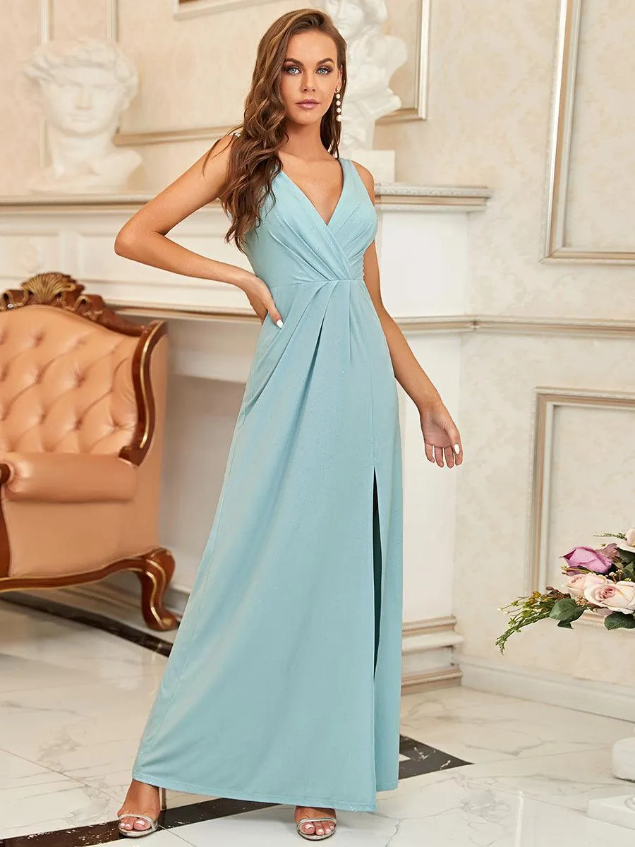 Robe de soirée Longue Scintillante à Col en V avec Fente Latérale
