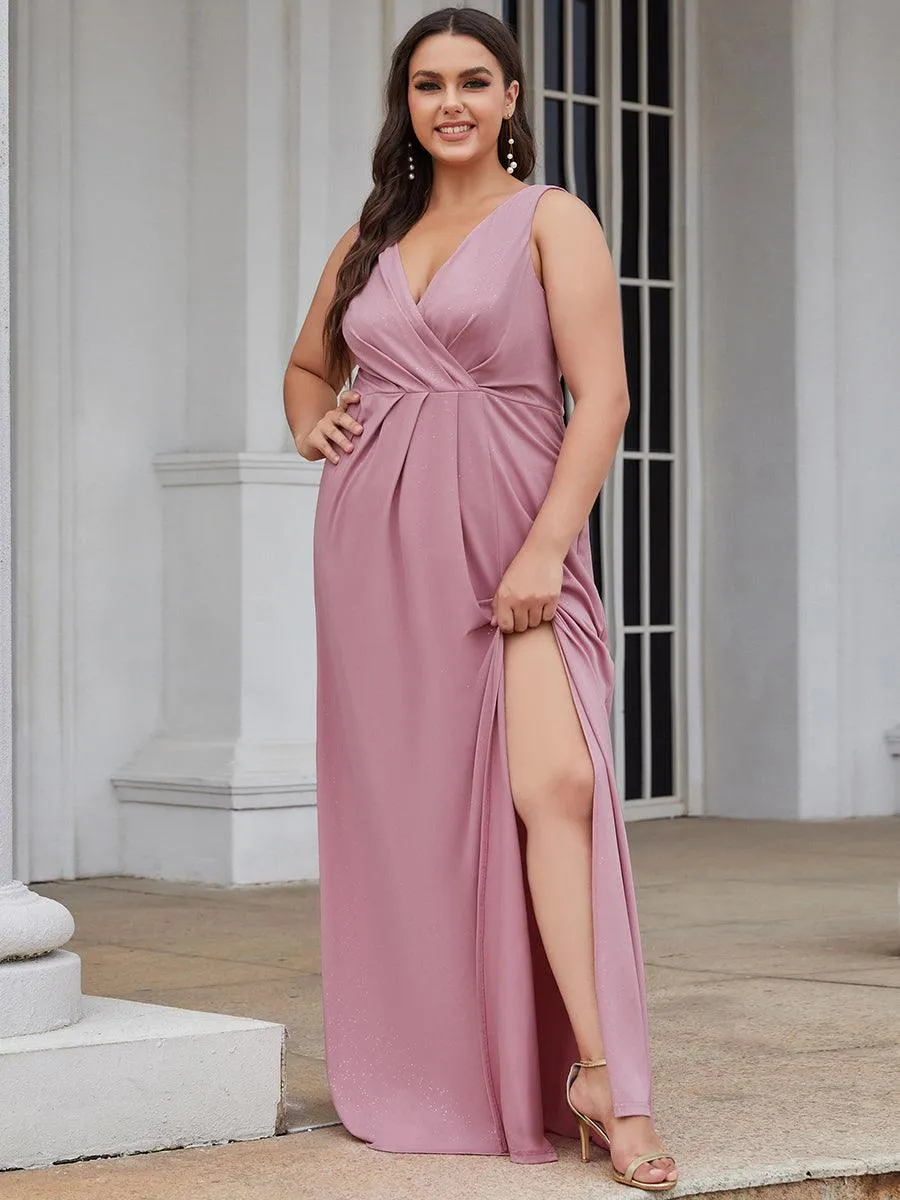 Robe de soirée Longue Scintillante à Col en V avec Fente Latérale