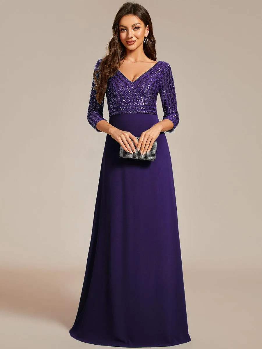 Robe de Soirée Longue Sexy à Col en V et Paillettes avec Manches 3/4