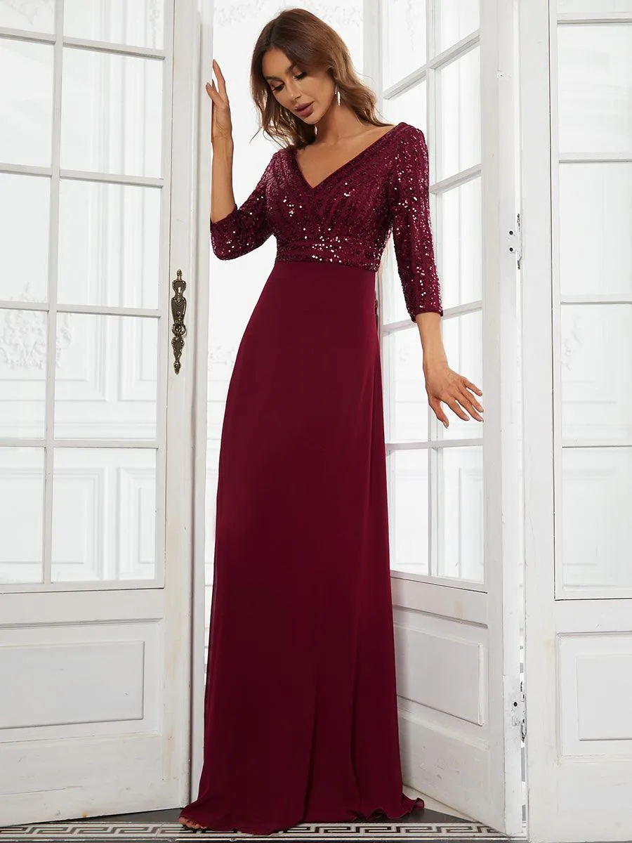 Robe de Soirée Longue Sexy à Col en V et Paillettes avec Manches 3/4