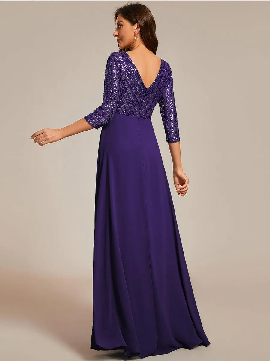 Robe de Soirée Longue Sexy à Col en V et Paillettes avec Manches 3/4