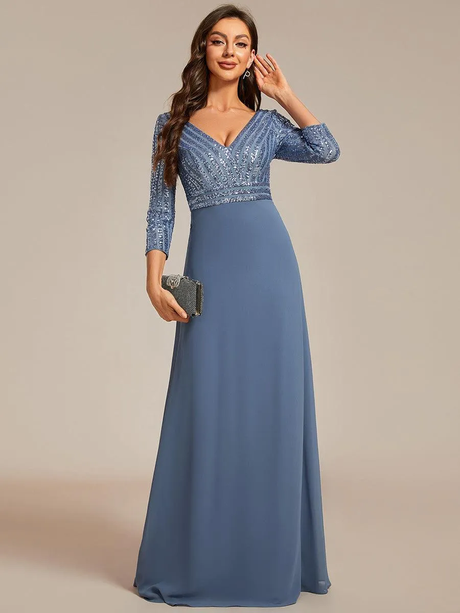 Robe de Soirée Longue Sexy à Col en V et Paillettes avec Manches 3/4