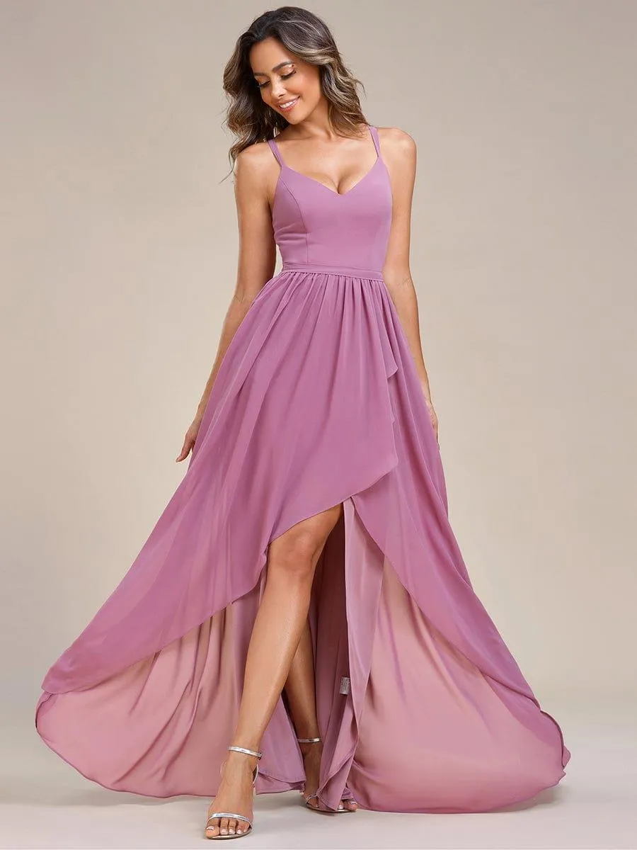 Robe demoiselle d'honneur mousseline bretelles fines et fente sur le devant