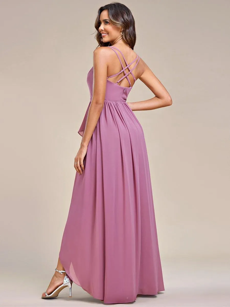 Robe demoiselle d'honneur mousseline bretelles fines et fente sur le devant