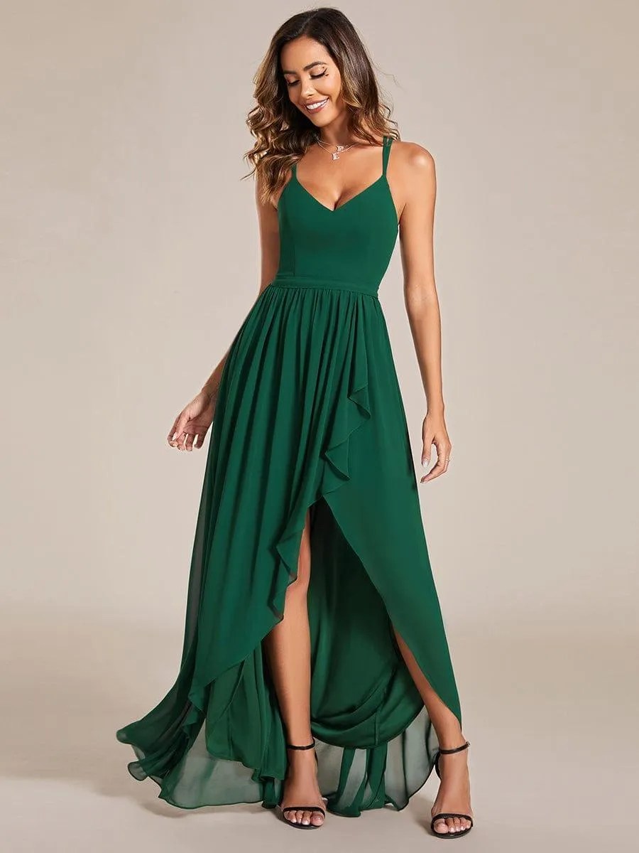 Robe demoiselle d'honneur mousseline bretelles fines et fente sur le devant