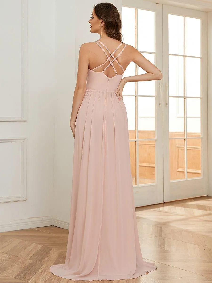 Robe demoiselle d'honneur mousseline bretelles fines et fente sur le devant
