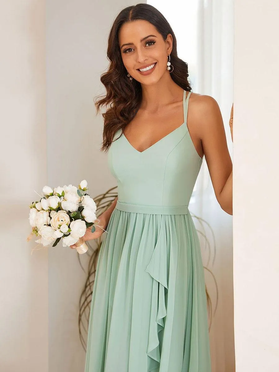 Robe demoiselle d'honneur mousseline bretelles fines et fente sur le devant