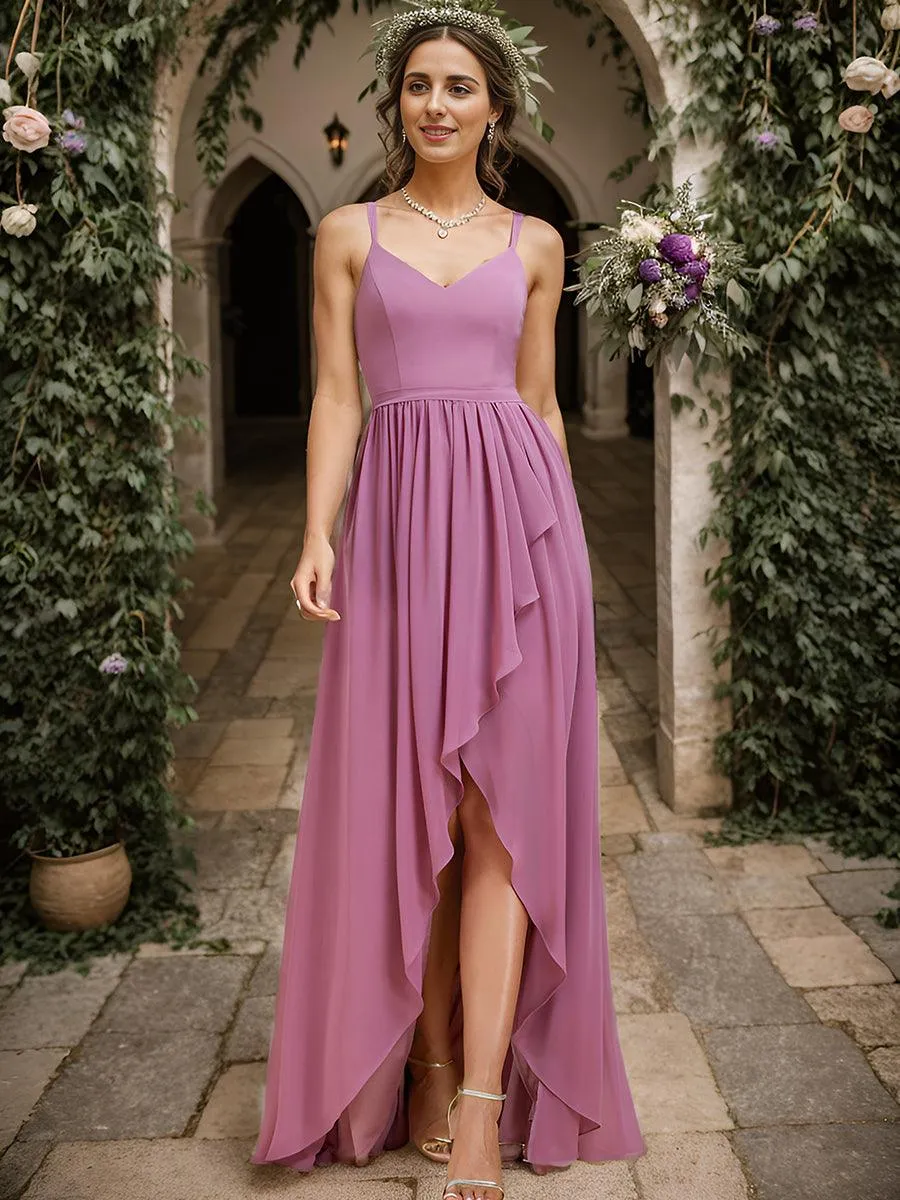 Robe demoiselle d'honneur mousseline bretelles fines et fente sur le devant