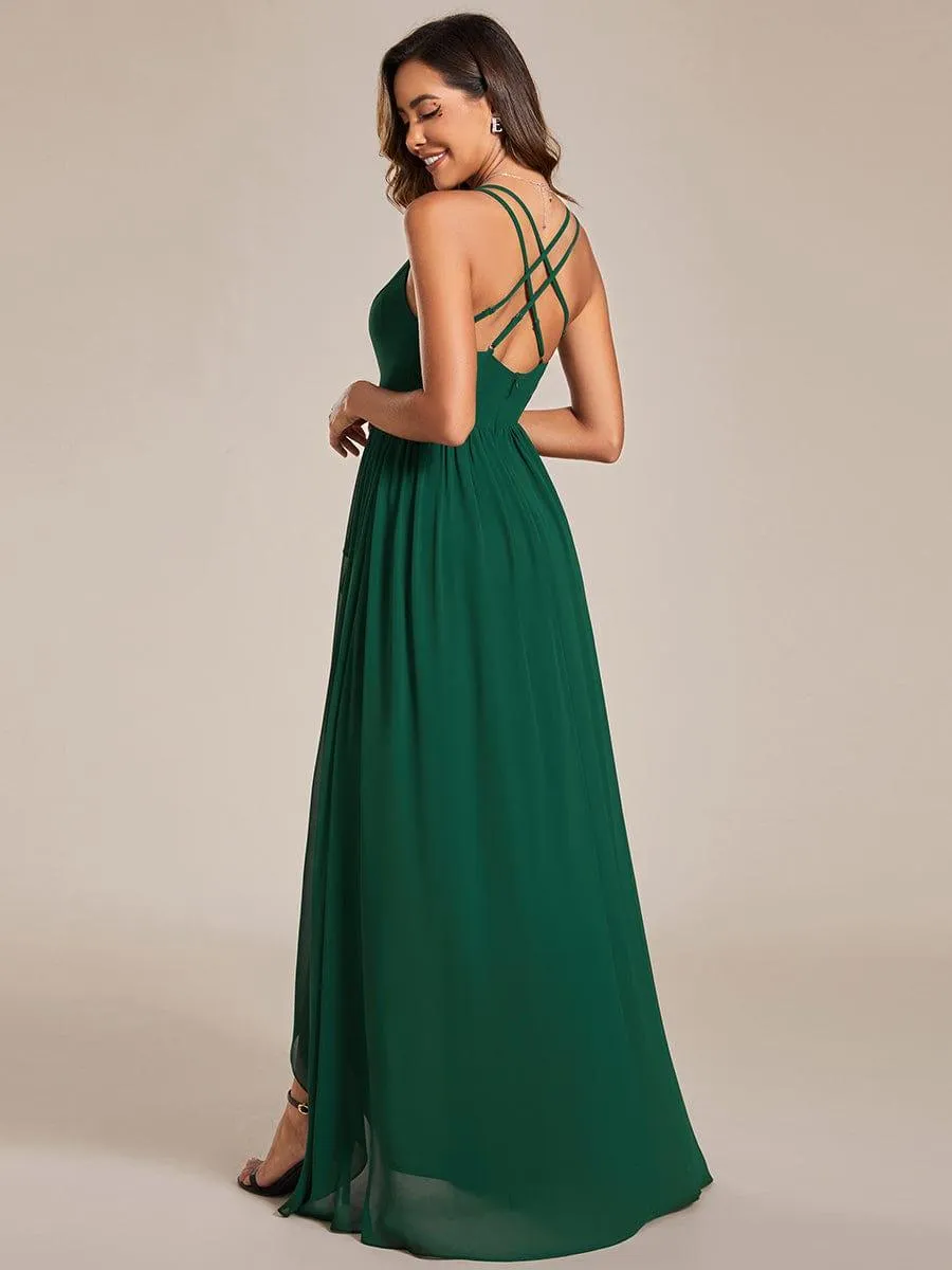 Robe demoiselle d'honneur mousseline bretelles fines et fente sur le devant