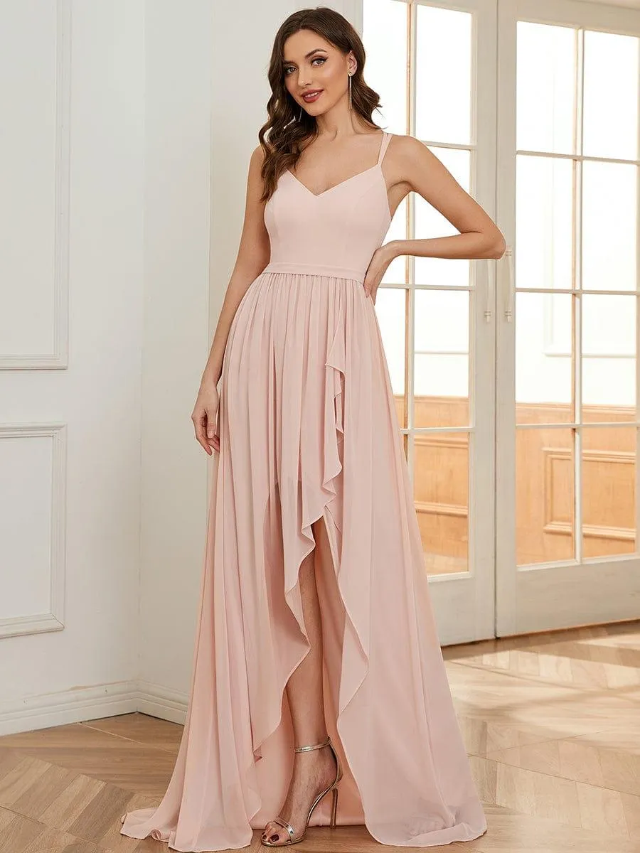 Robe demoiselle d'honneur mousseline bretelles fines et fente sur le devant