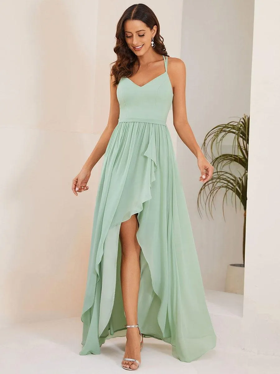Robe demoiselle d'honneur mousseline bretelles fines et fente sur le devant