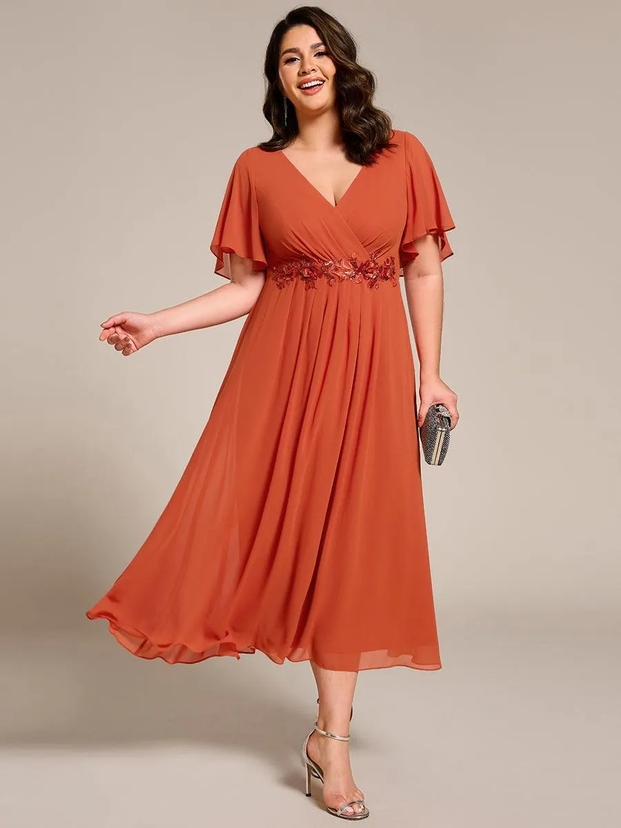 Robe d'invité de mariage mi-longue en mousseline à col en V avec appliques à la taille