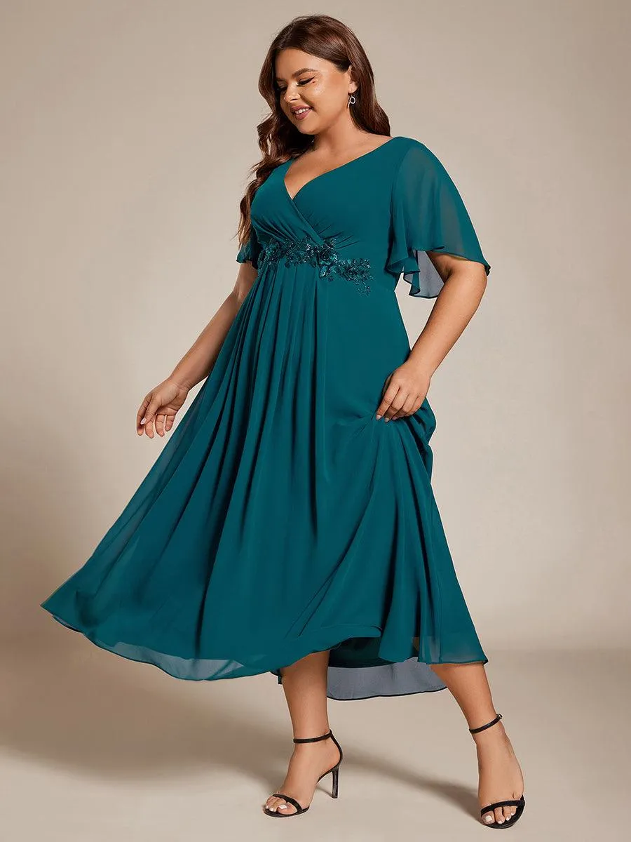 Robe d'invité de mariage mi-longue en mousseline à col en V avec appliques à la taille