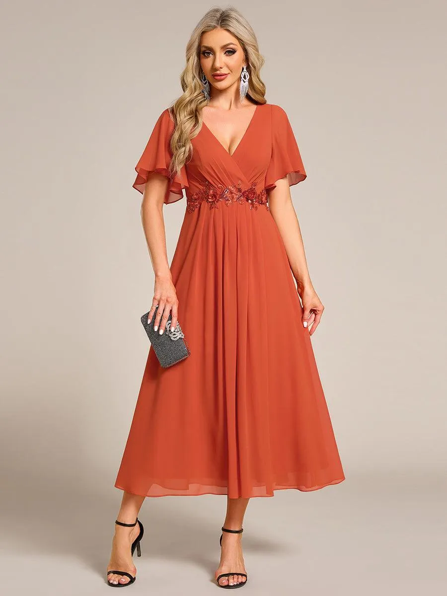Robe d'invité de mariage mi-longue en mousseline à col en V avec appliques à la taille