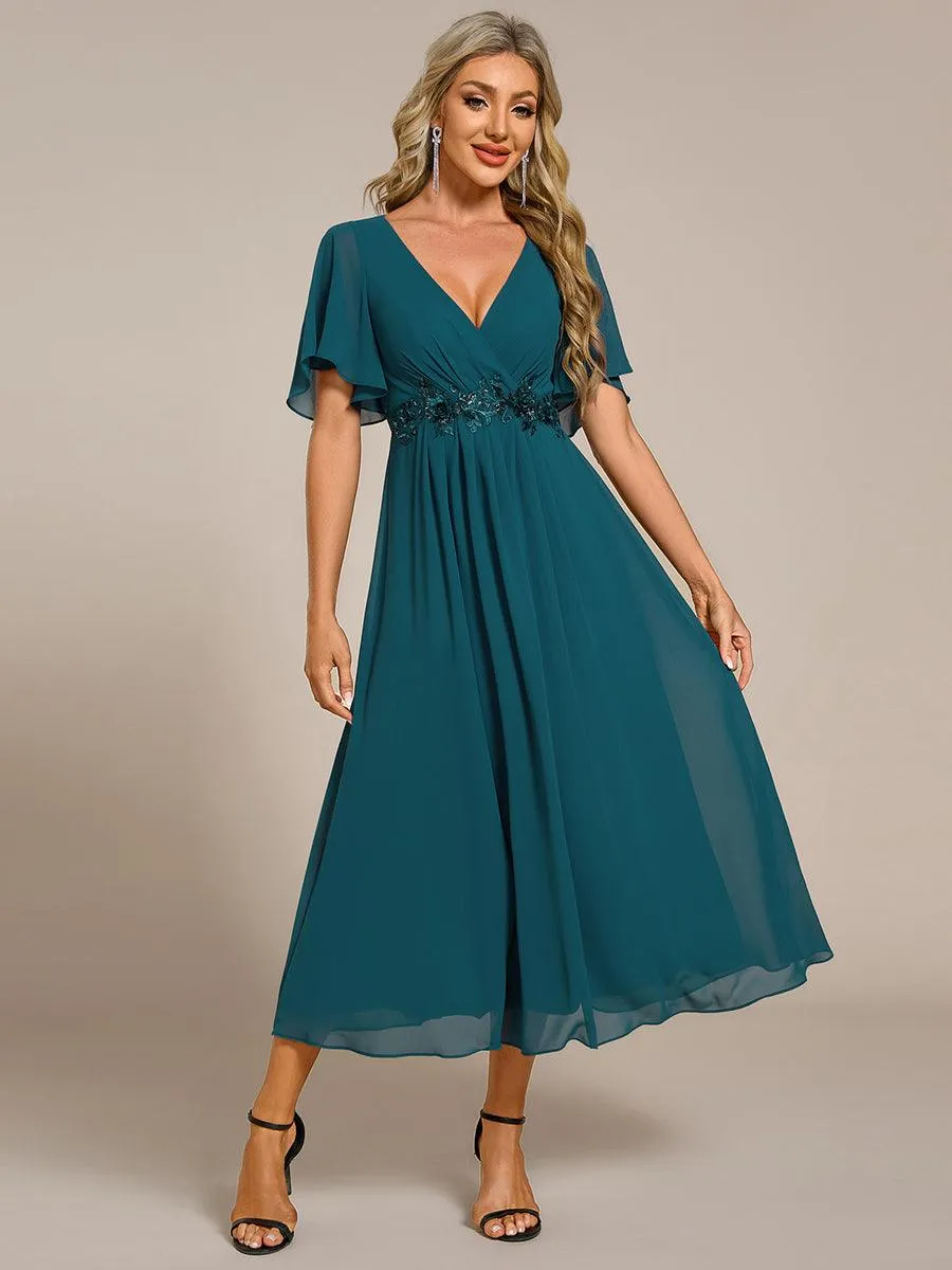 Robe d'invité de mariage mi-longue en mousseline à col en V avec appliques à la taille