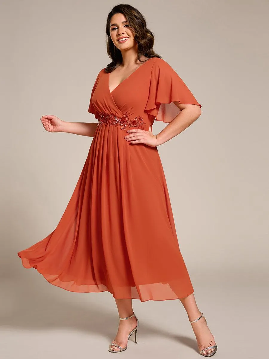Robe d'invité de mariage mi-longue en mousseline à col en V avec appliques à la taille