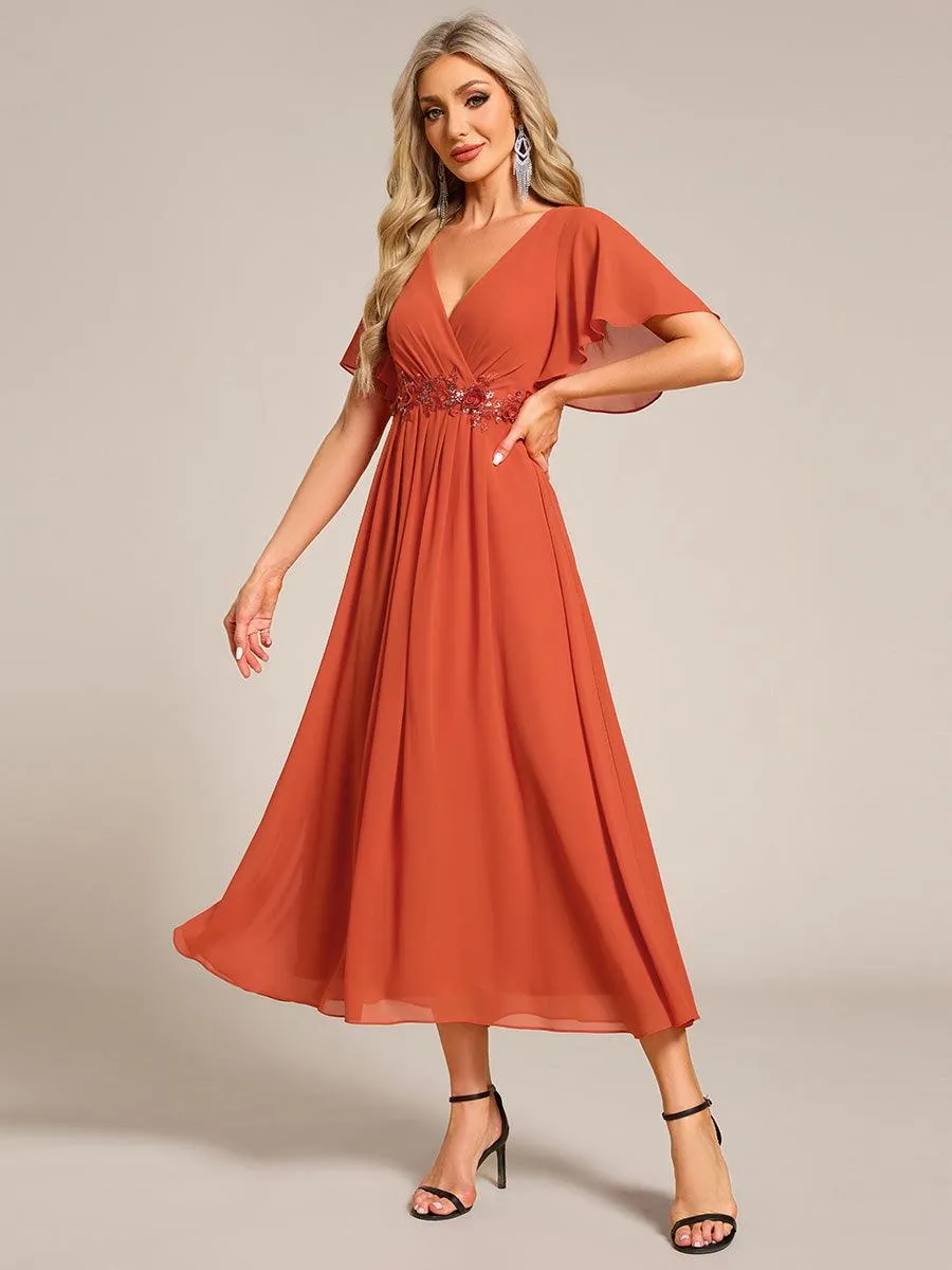 Robe d'invité de mariage mi-longue en mousseline à col en V avec appliques à la taille