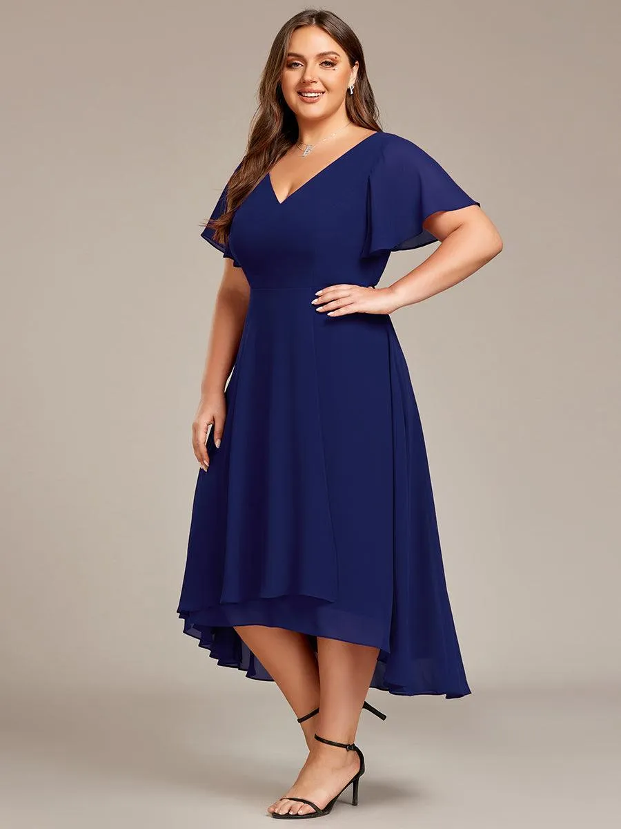 Robe Mariage Invitée haute-basse mousseline col en V Manches à volants
