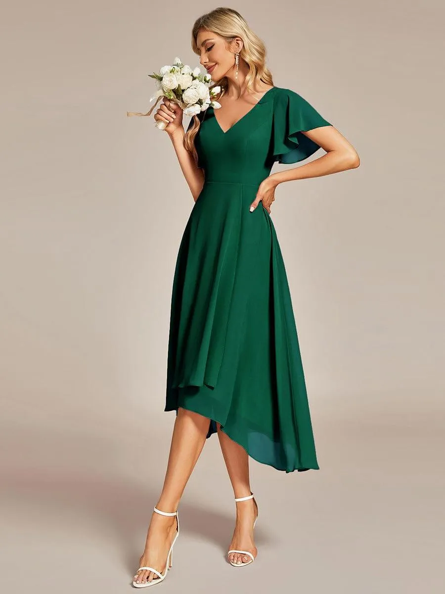 Robe Mariage Invitée haute-basse mousseline col en V Manches à volants