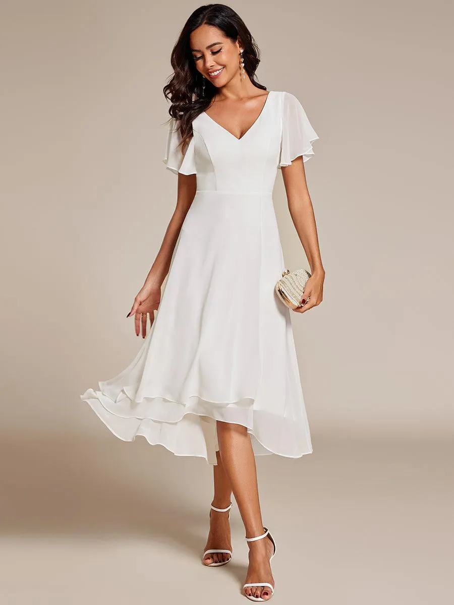 Robe Mariage Invitée haute-basse mousseline col en V Manches à volants