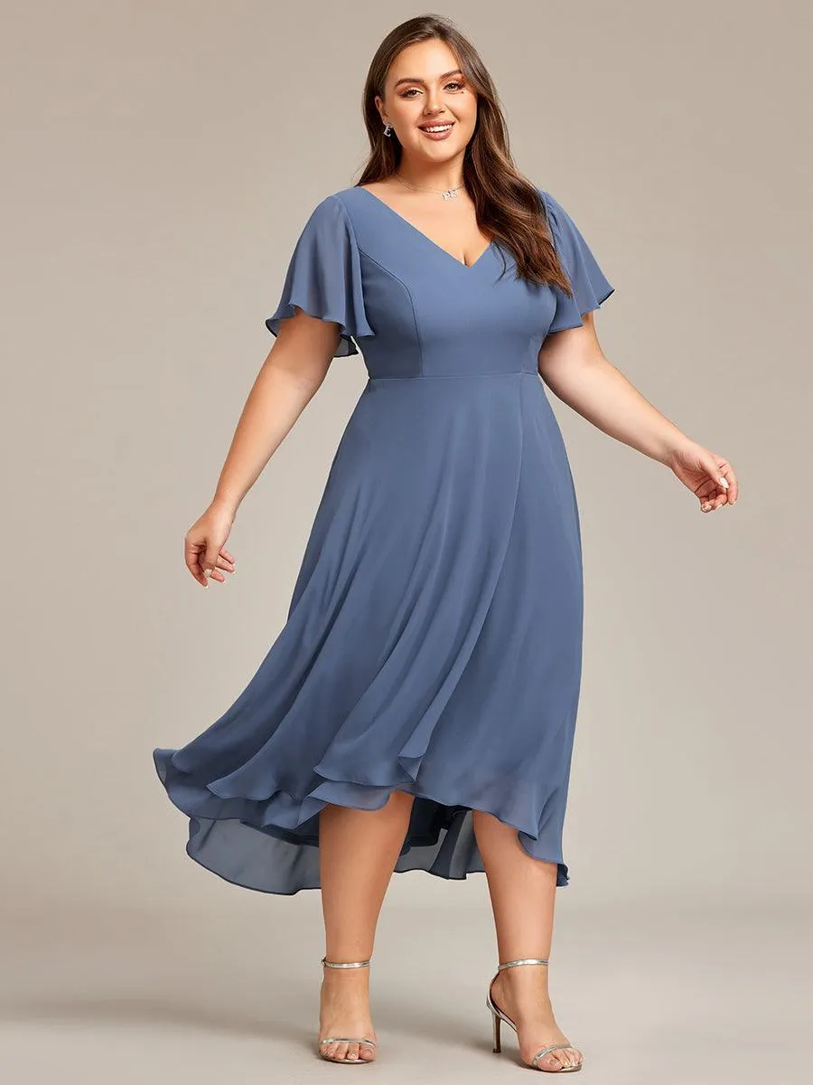 Robe Mariage Invitée haute-basse mousseline col en V Manches à volants