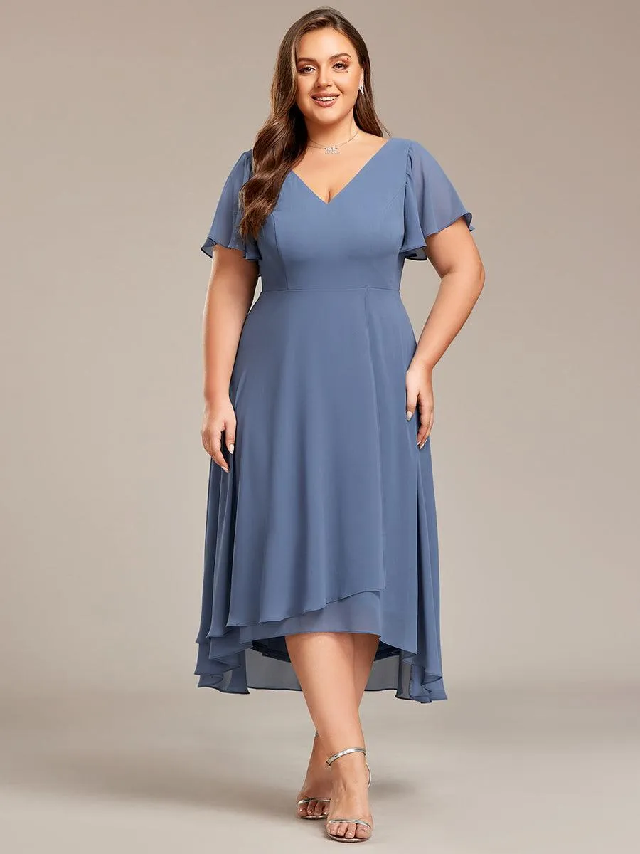 Robe Mariage Invitée haute-basse mousseline col en V Manches à volants