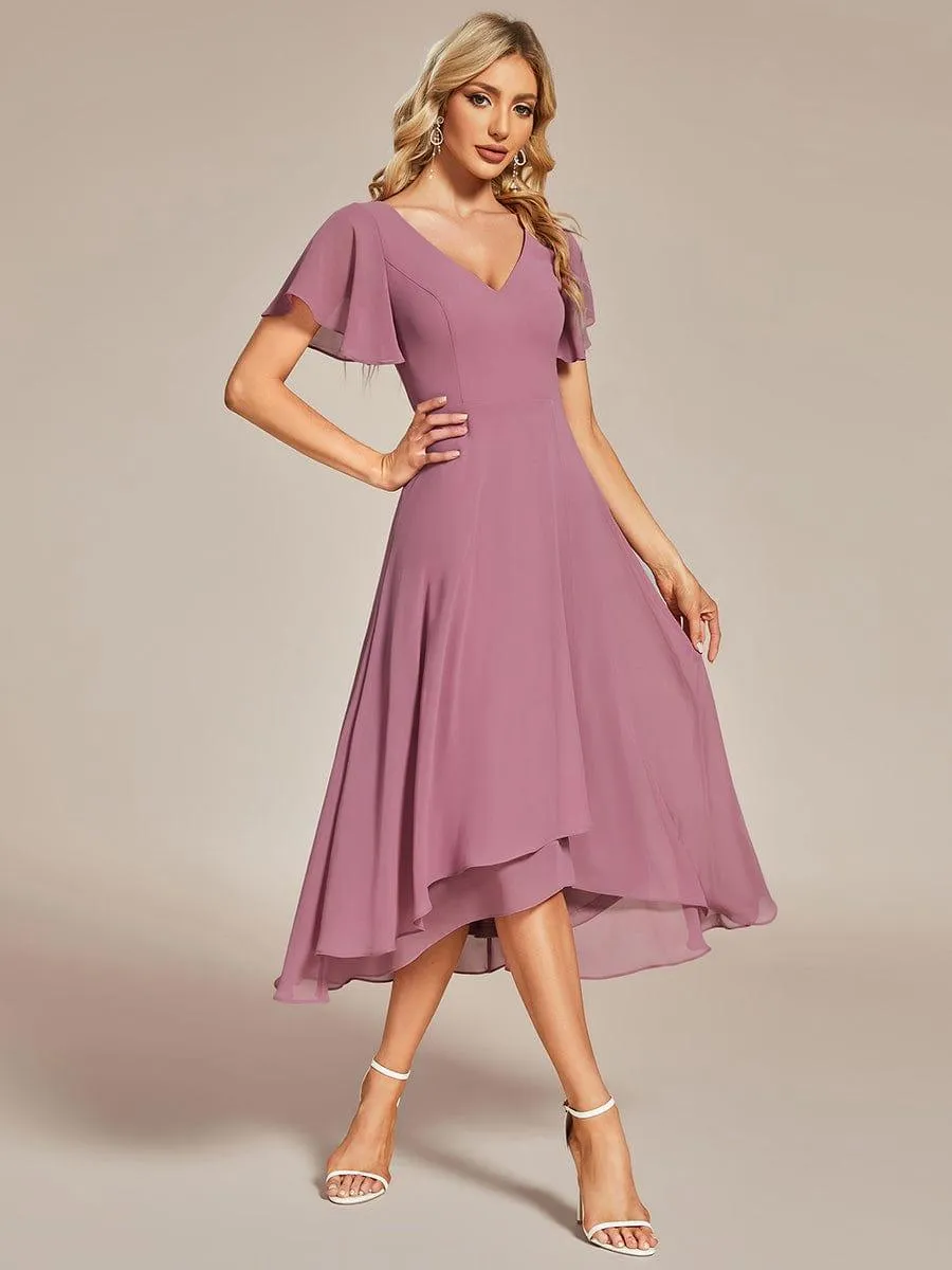 Robe Mariage Invitée haute-basse mousseline col en V Manches à volants