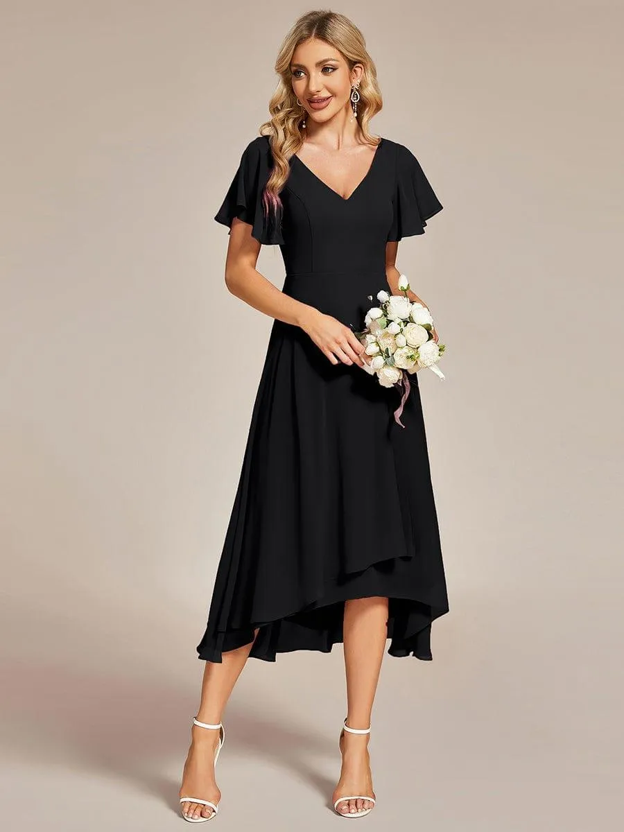 Robe Mariage Invitée haute-basse mousseline col en V Manches à volants