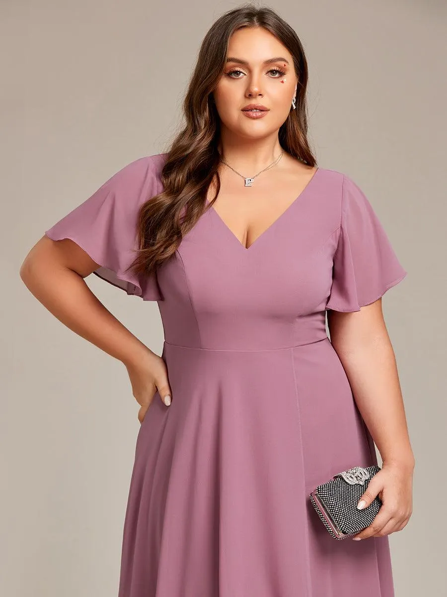 Robe Mariage Invitée haute-basse mousseline col en V Manches à volants