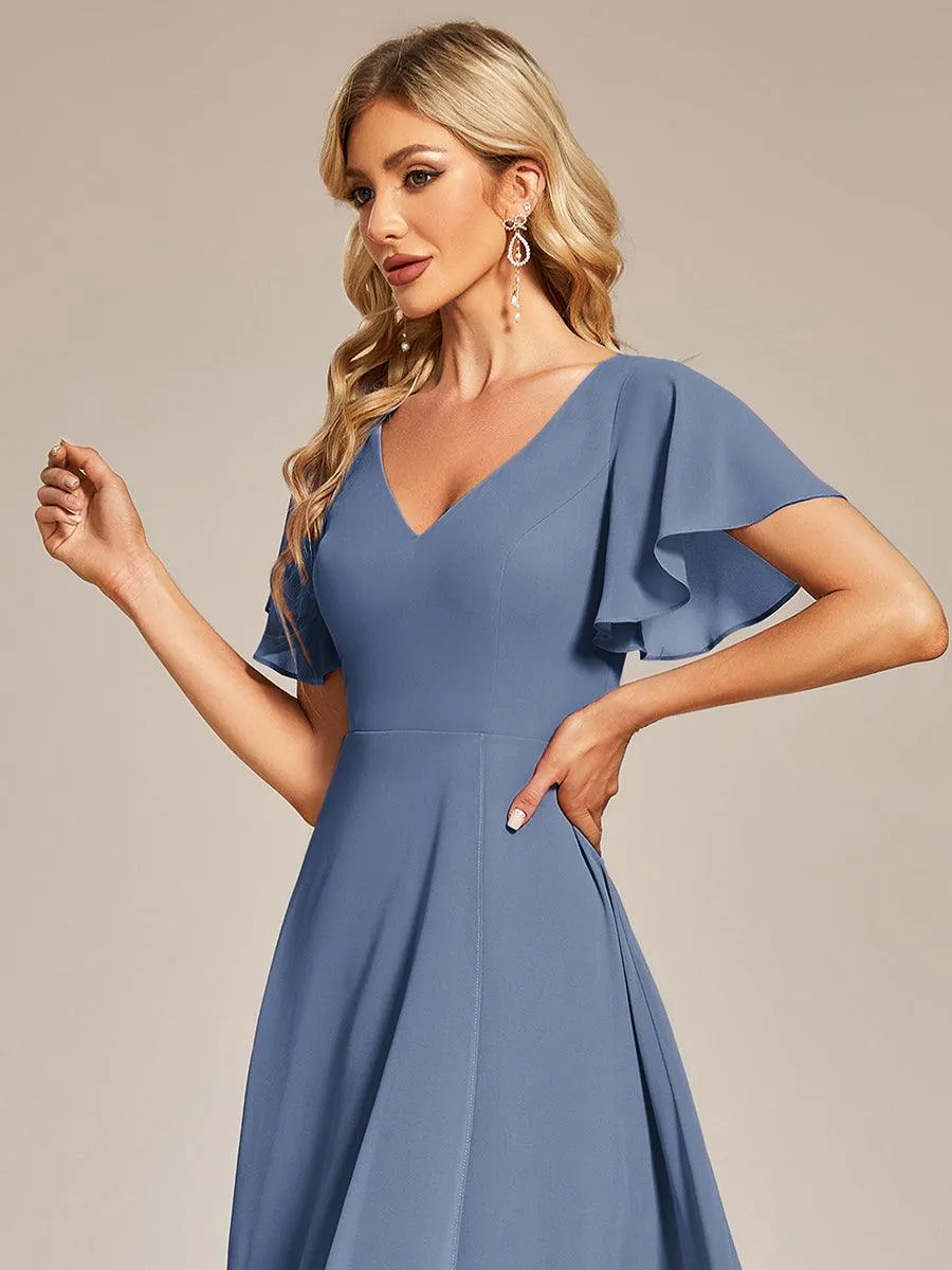 Robe Mariage Invitée haute-basse mousseline col en V Manches à volants