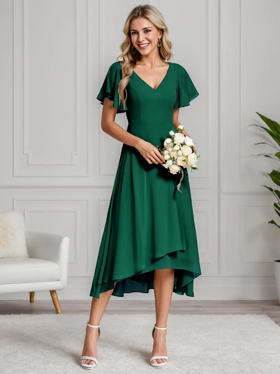 Robe Mariage Invitée haute-basse mousseline col en V Manches à volants