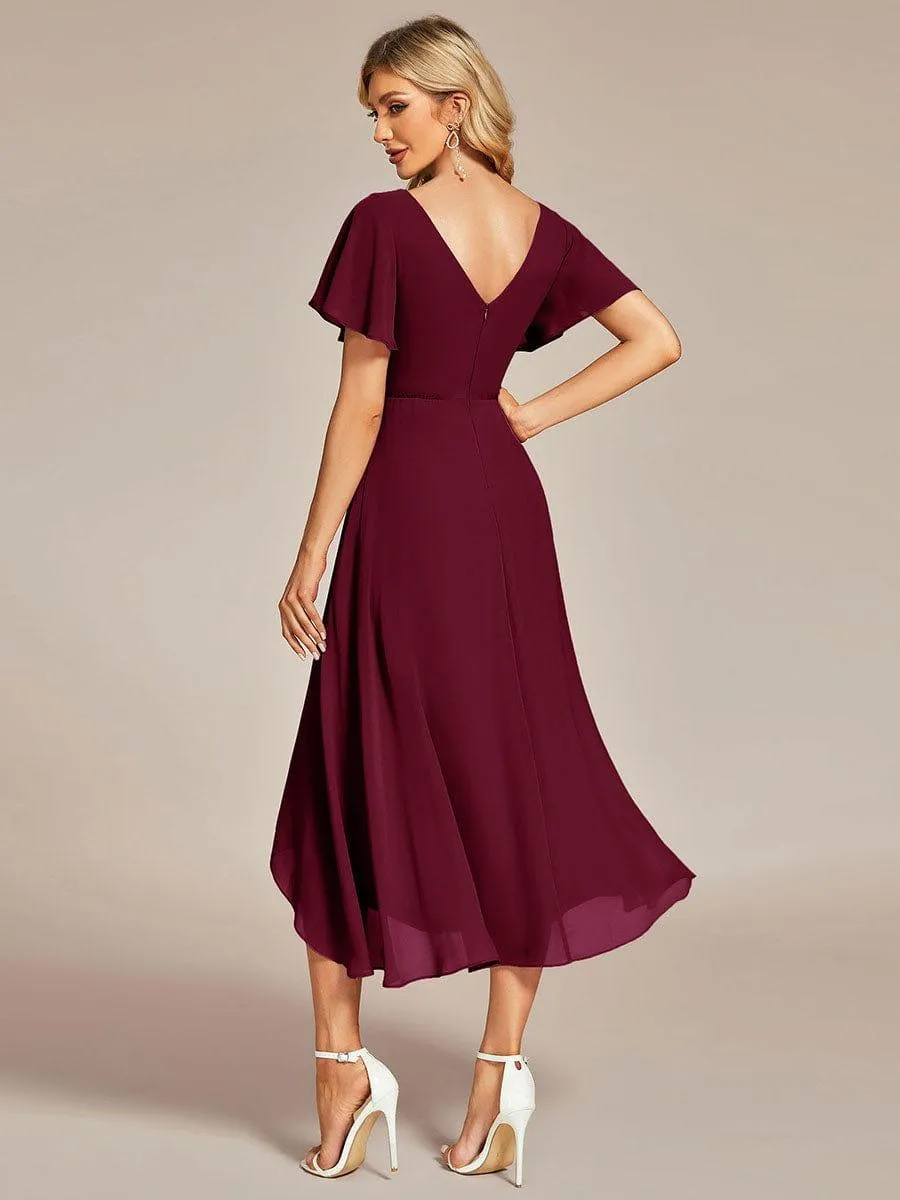 Robe Mariage Invitée haute-basse mousseline col en V Manches à volants
