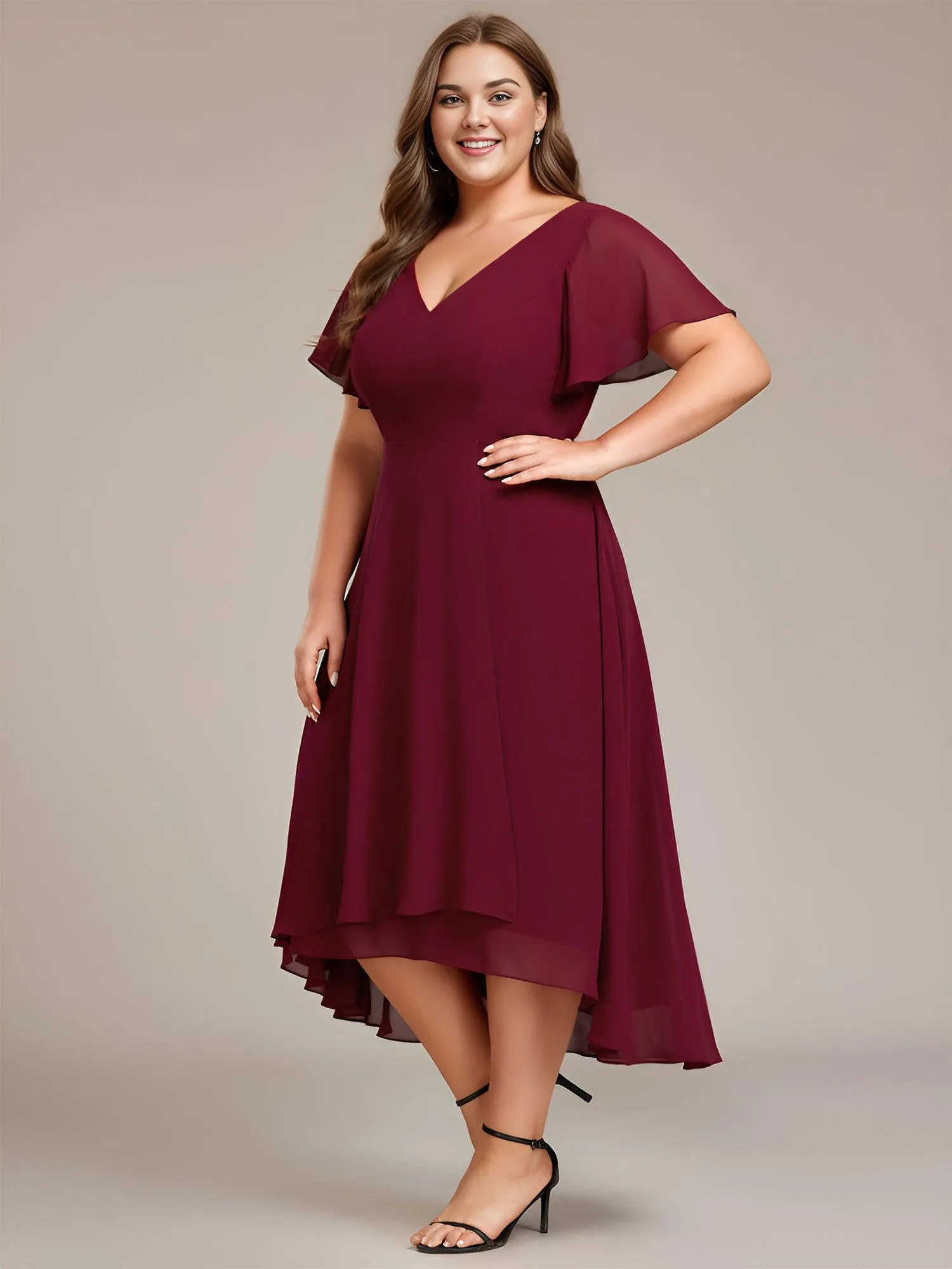 Robe Mariage Invitée haute-basse mousseline col en V Manches à volants