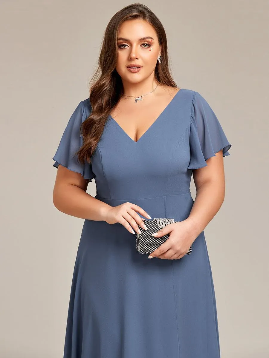 Robe Mariage Invitée haute-basse mousseline col en V Manches à volants