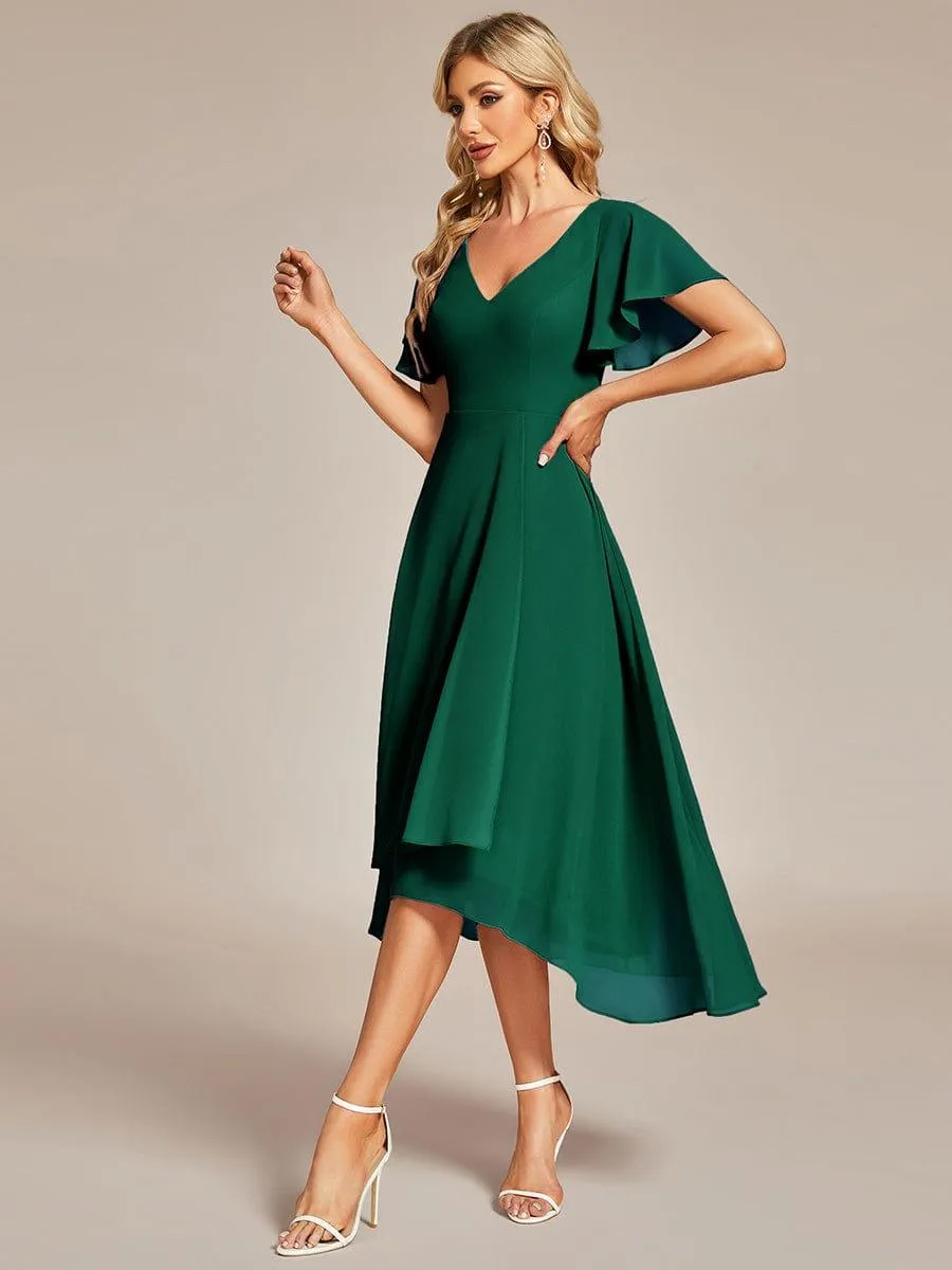 Robe Mariage Invitée haute-basse mousseline col en V Manches à volants