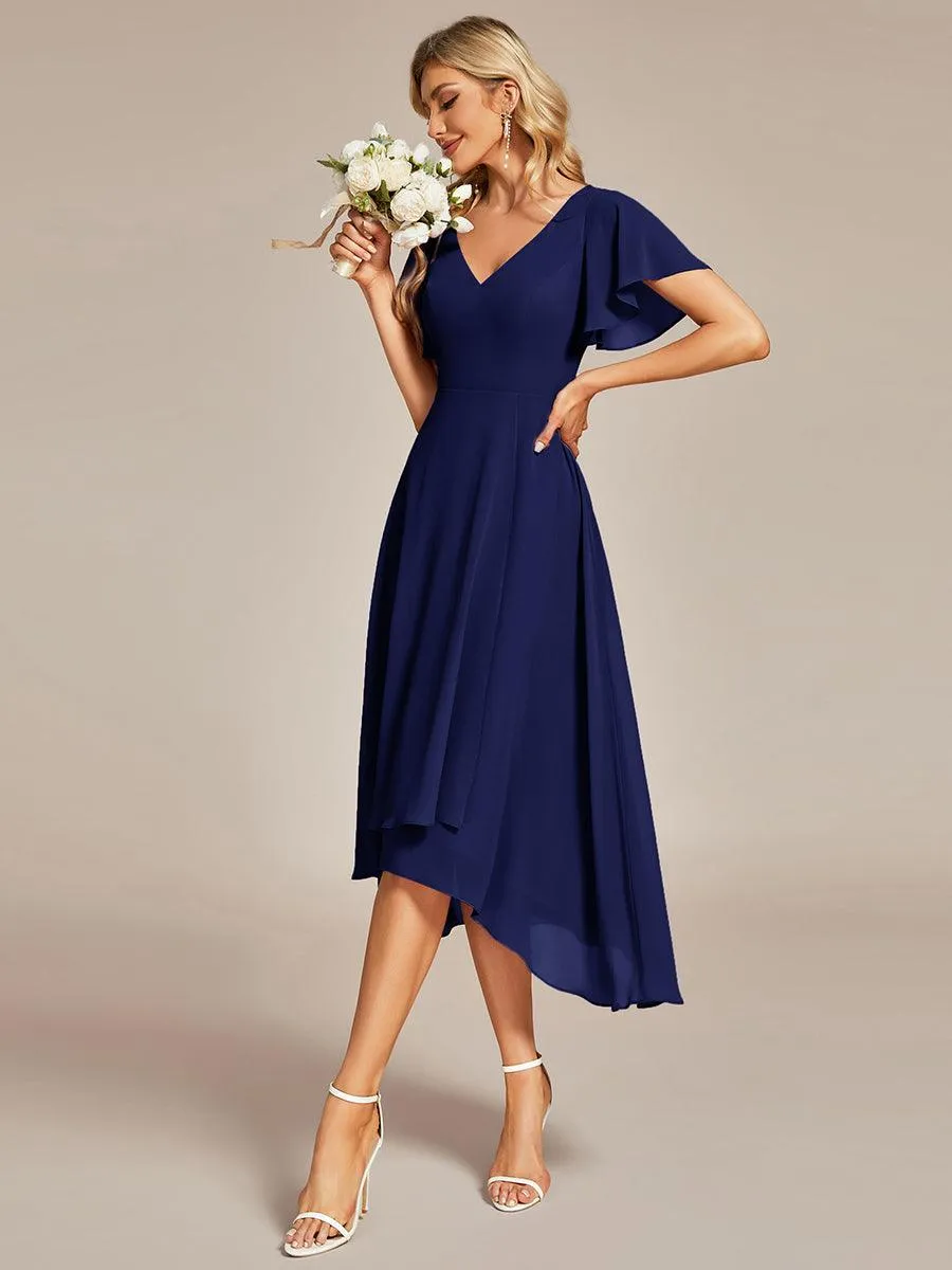 Robe Mariage Invitée haute-basse mousseline col en V Manches à volants