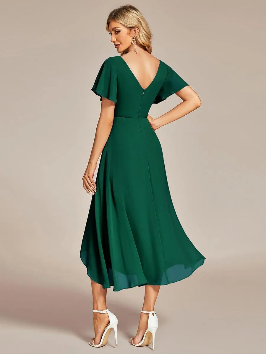 Robe Mariage Invitée haute-basse mousseline col en V Manches à volants