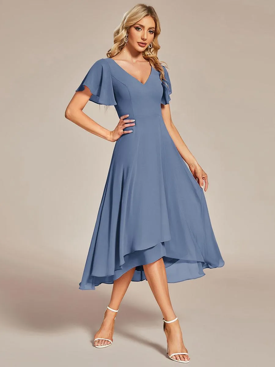 Robe Mariage Invitée haute-basse mousseline col en V Manches à volants