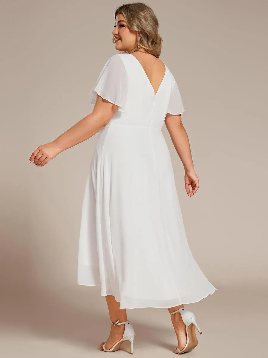 Robe Mariage Invitée haute-basse mousseline col en V Manches à volants