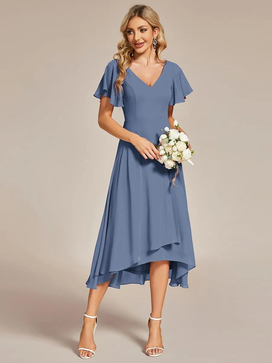Robe Mariage Invitée haute-basse mousseline col en V Manches à volants