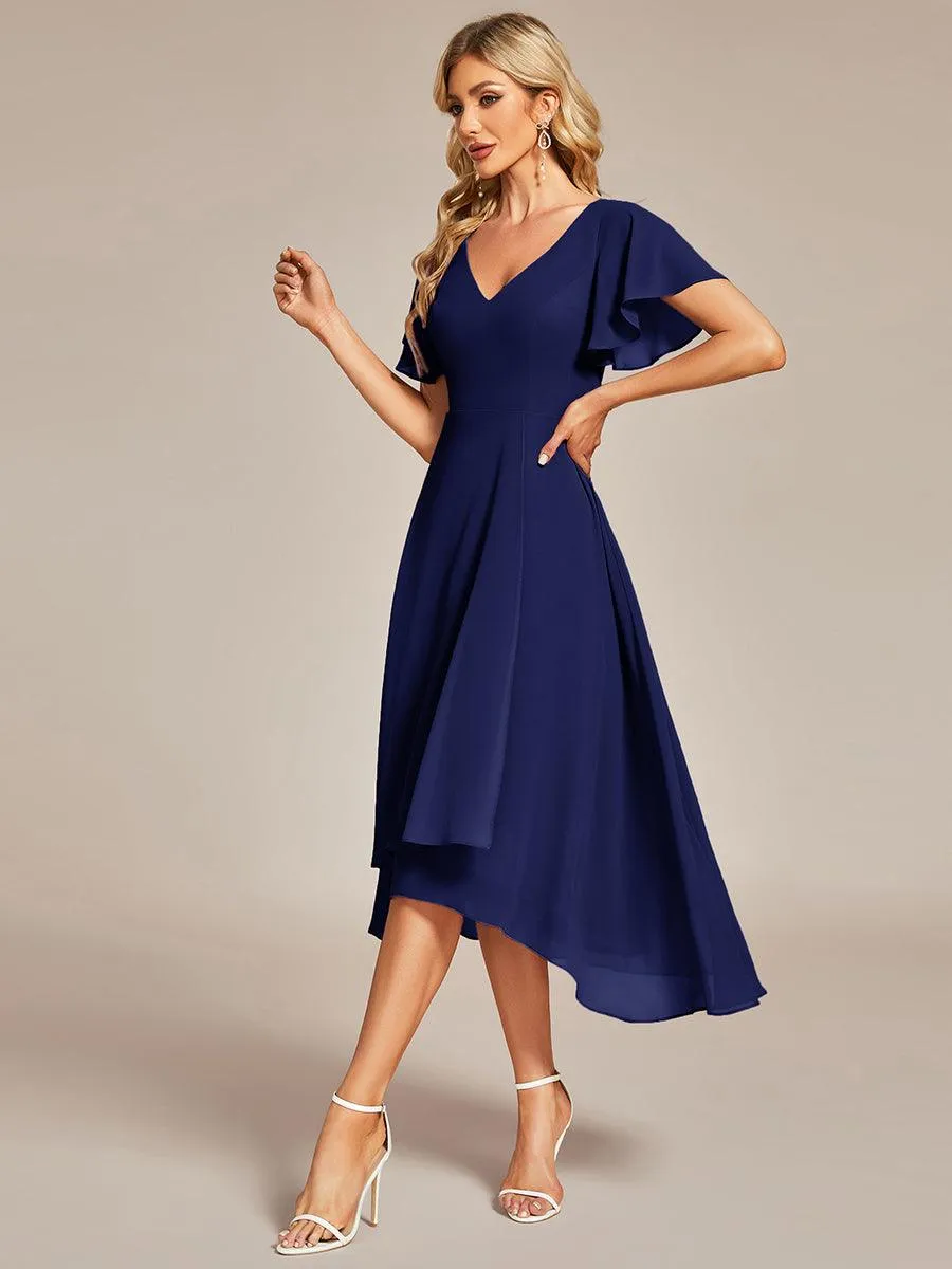 Robe Mariage Invitée haute-basse mousseline col en V Manches à volants