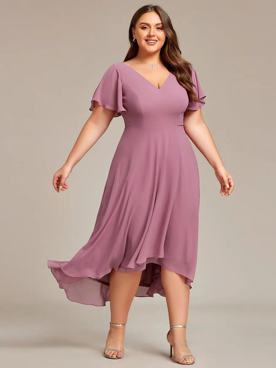 Robe Mariage Invitée haute-basse mousseline col en V Manches à volants
