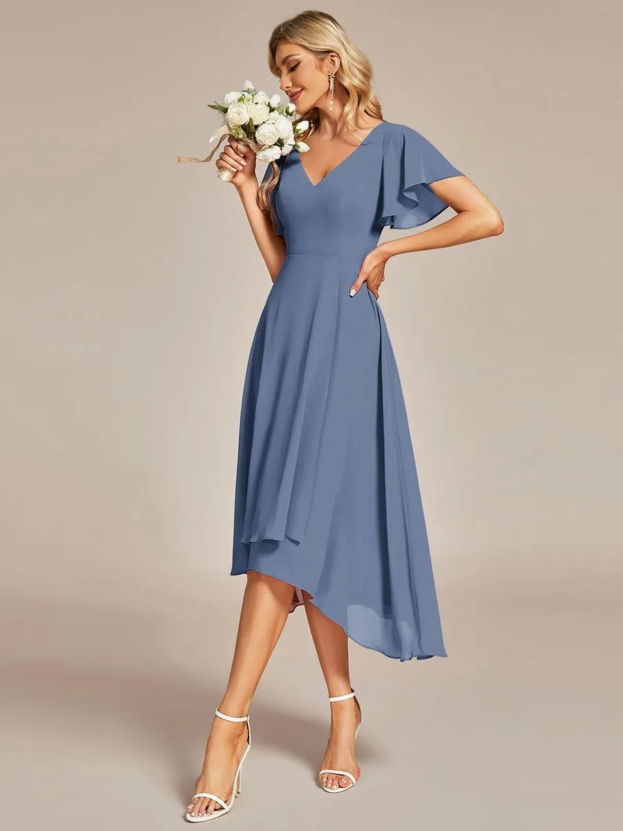 Robe Mariage Invitée haute-basse mousseline col en V Manches à volants