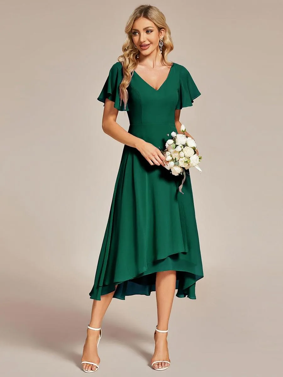 Robe Mariage Invitée haute-basse mousseline col en V Manches à volants