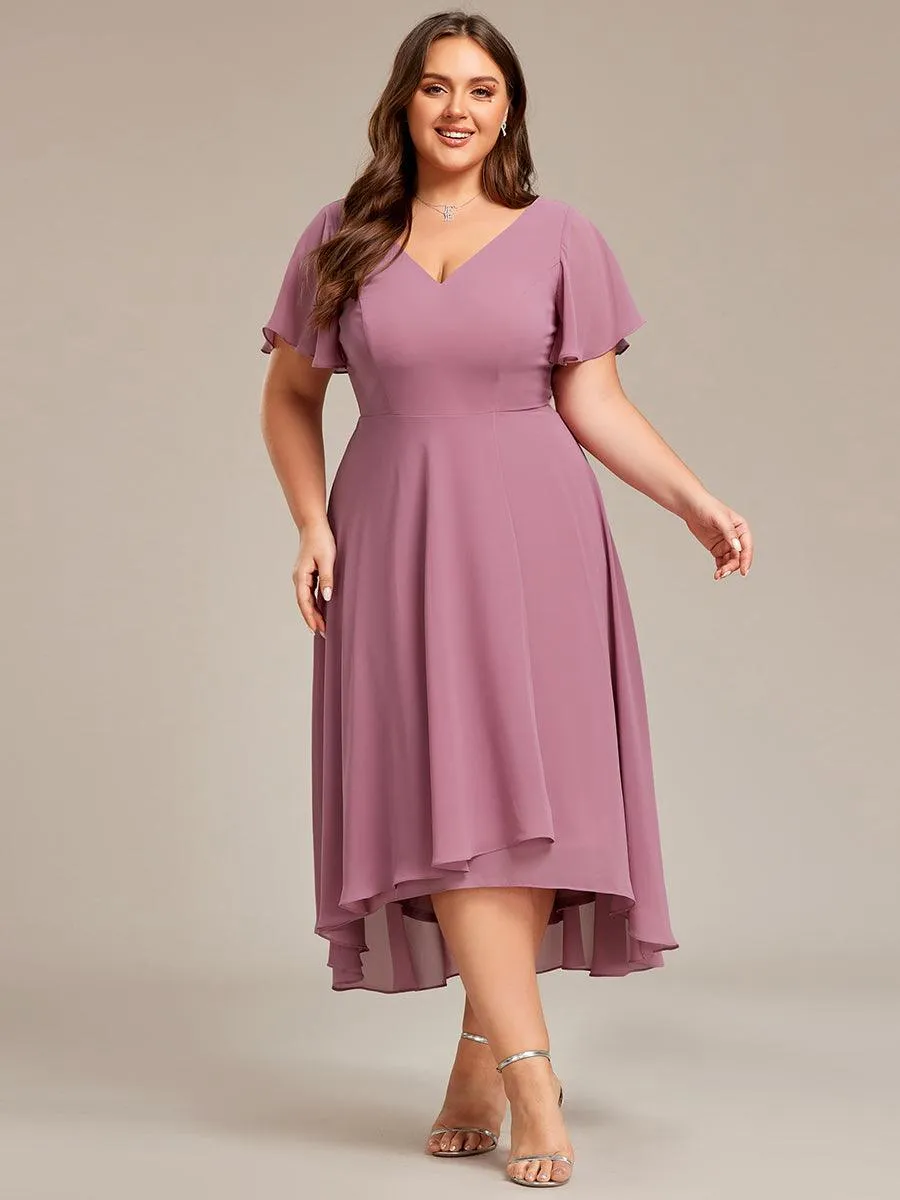 Robe Mariage Invitée haute-basse mousseline col en V Manches à volants