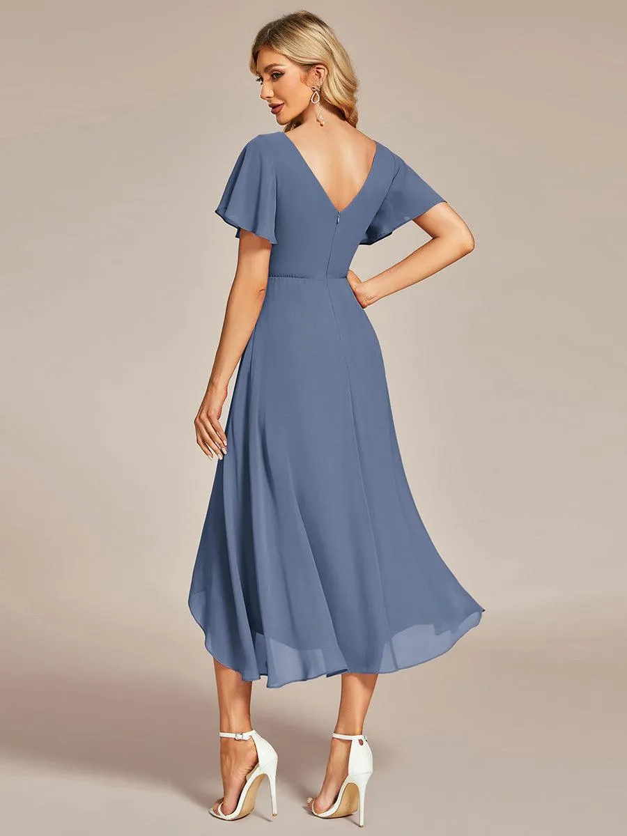 Robe Mariage Invitée haute-basse mousseline col en V Manches à volants