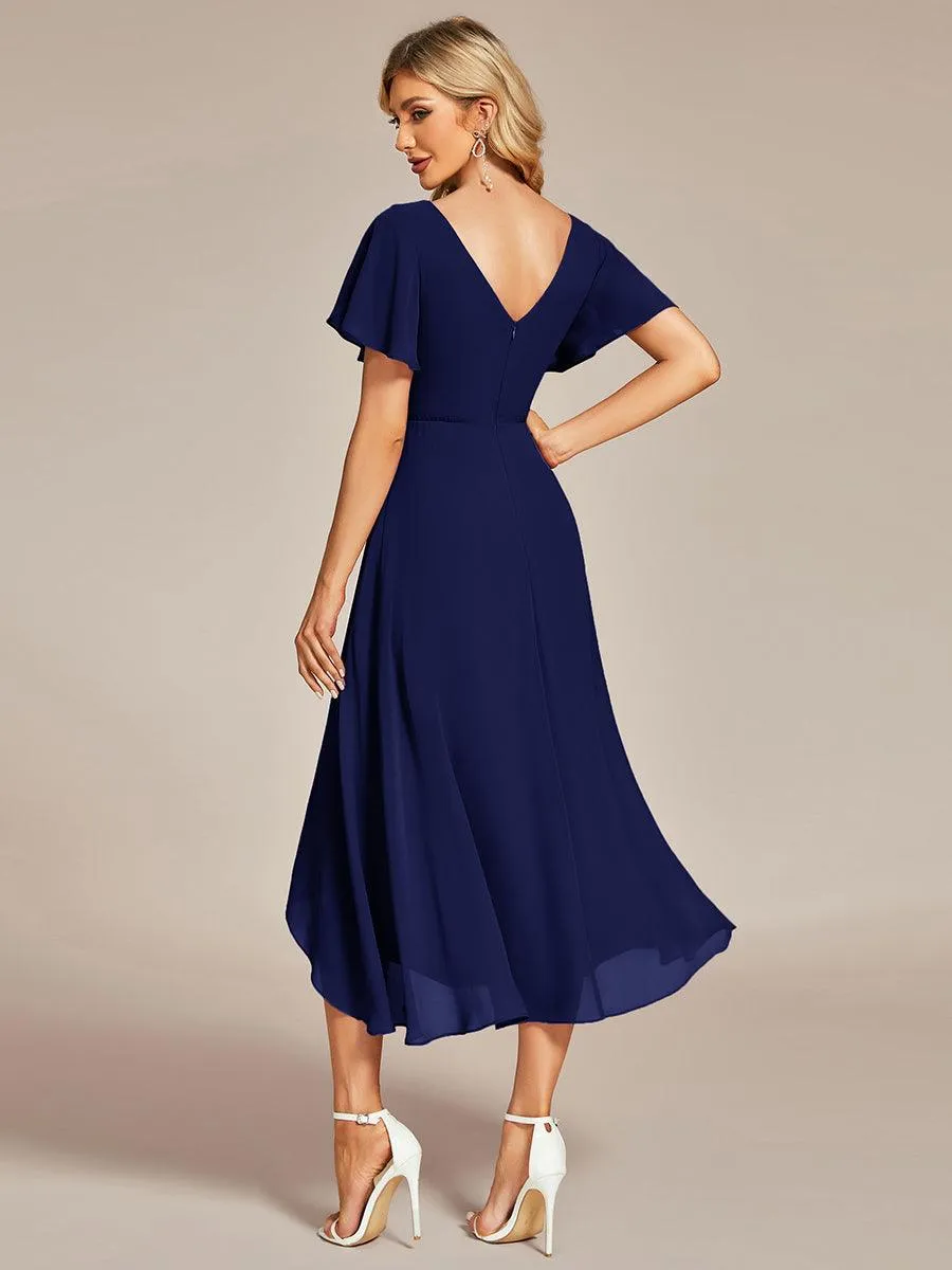 Robe Mariage Invitée haute-basse mousseline col en V Manches à volants