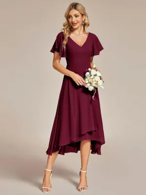 Robe Mariage Invitée haute-basse mousseline col en V Manches à volants