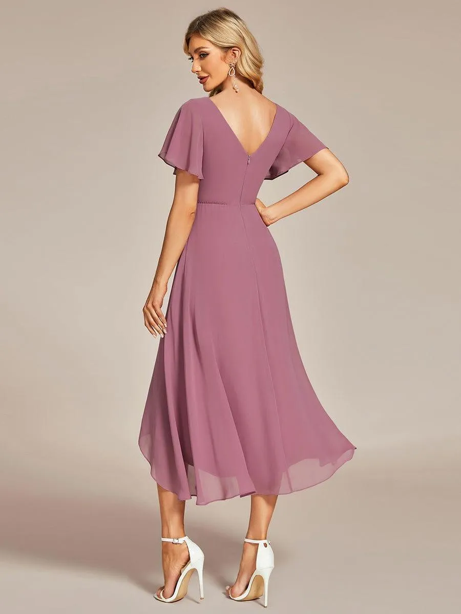 Robe Mariage Invitée haute-basse mousseline col en V Manches à volants