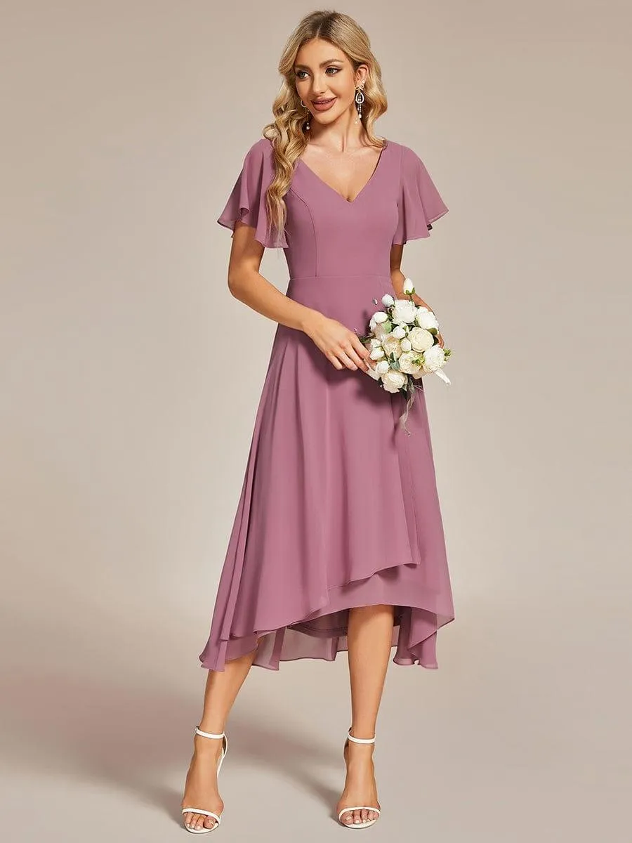 Robe Mariage Invitée haute-basse mousseline col en V Manches à volants